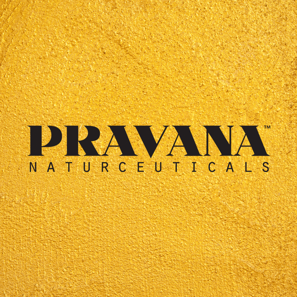 Pravana Naturceuticals brand logo on a textured yellow background.