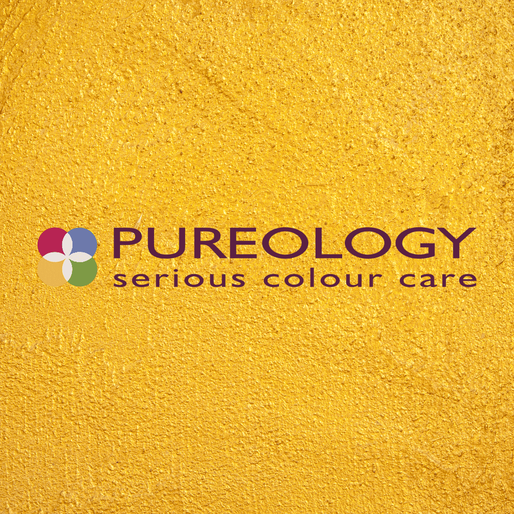 Logo of a hair care brand against a textured yellow background.