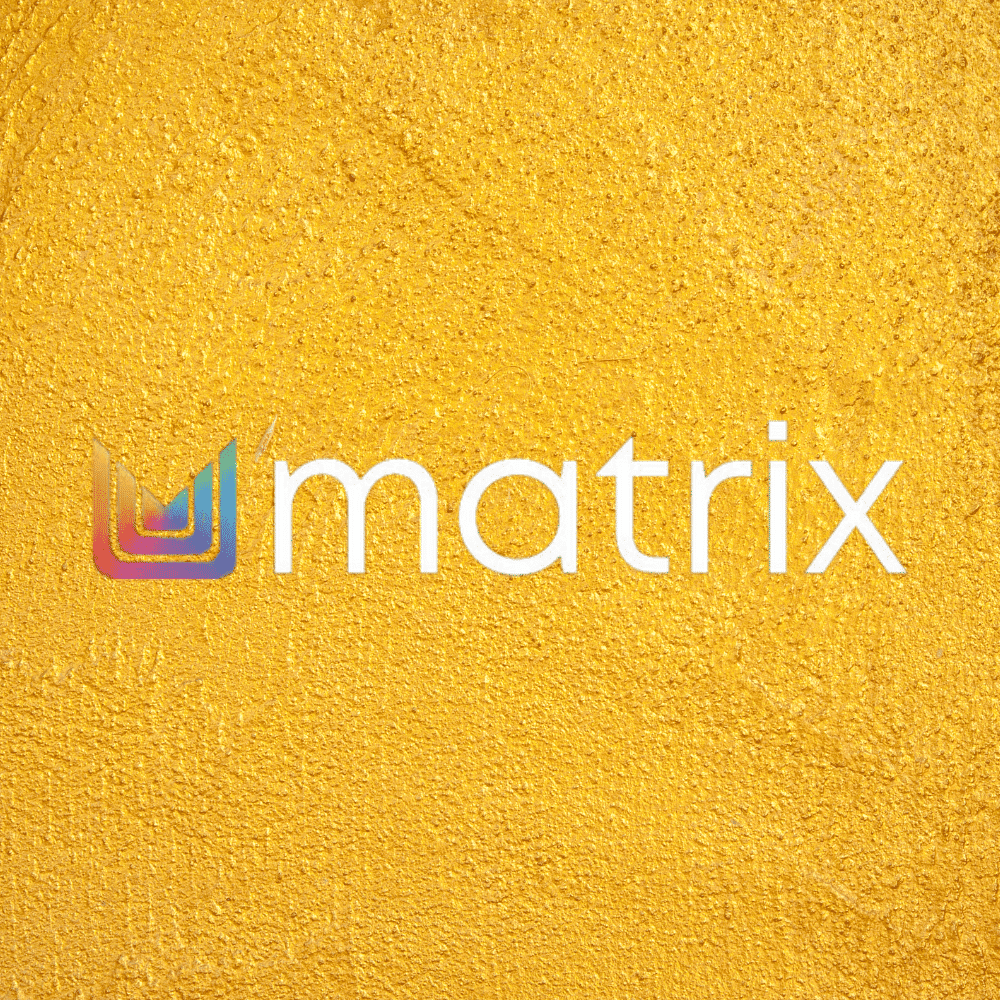 A logo with the word "matrix" on a textured yellow background.