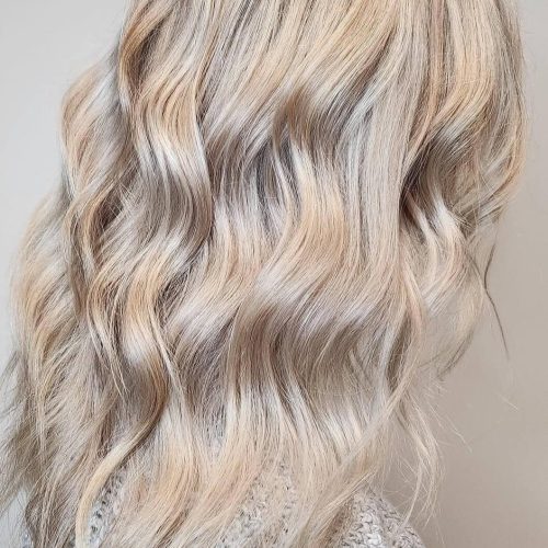 Beige Blonde Balayage with Long Waves in Comstock Park MI